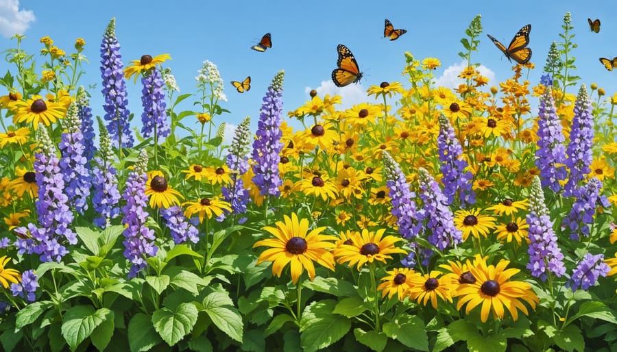 A vibrant Minnesota garden filled with native perennials like purple coneflowers, black-eyed Susans, and butterfly weed, with butterflies and bees visiting the flowers, illustrating a sustainable and biodiverse landscape.