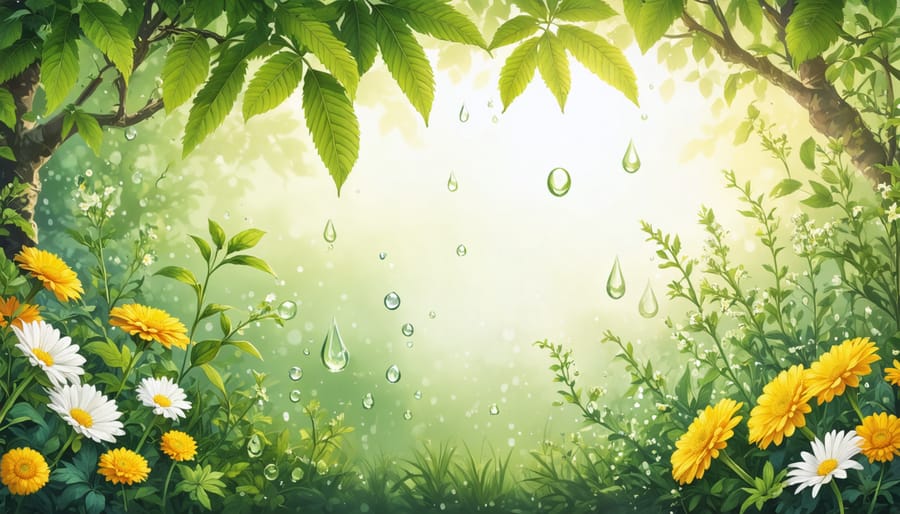 Illustration of a thriving garden with neem, chrysanthemums, and marigolds, highlighting the role of botanical insecticides in sustainable pest management.