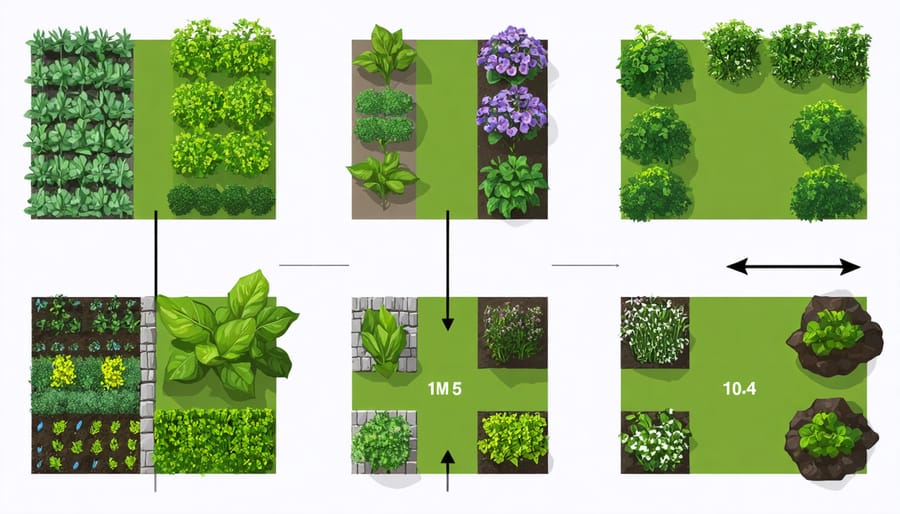 Garden planning diagram illustrating spacing and arrangement of various perennial vegetables