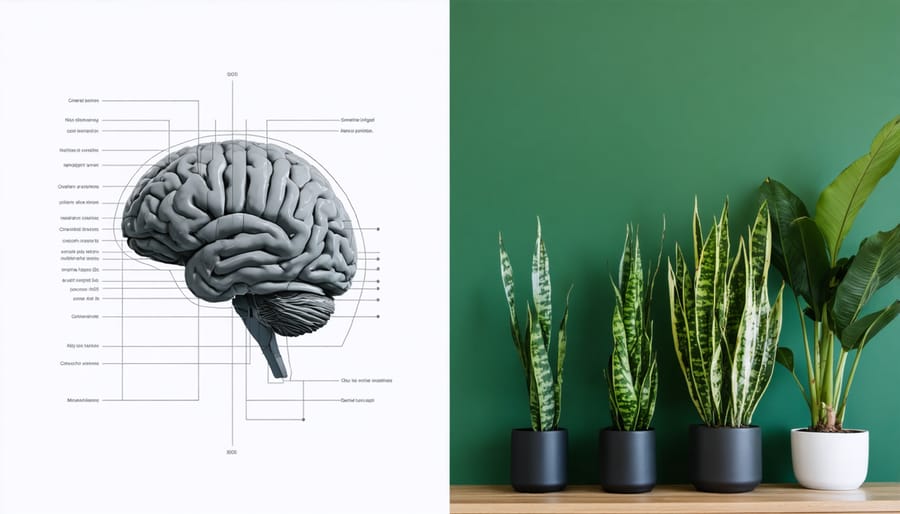 Side-by-side comparison of colorful brain activity scan and lush indoor plants