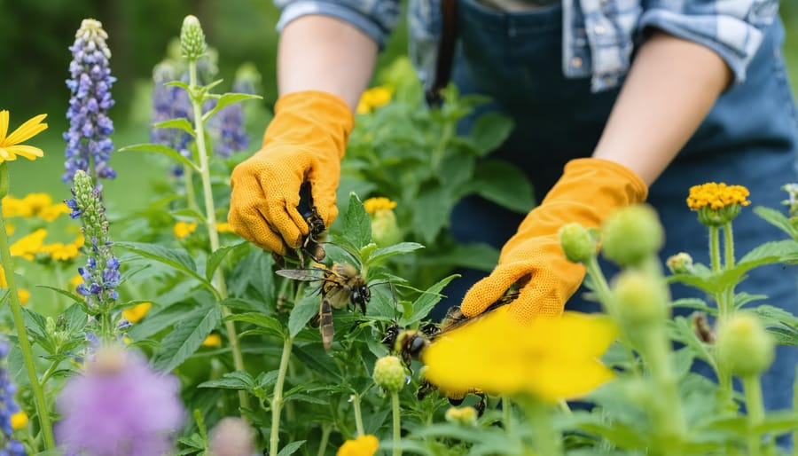 Gardener performing maintenance tasks in an established pollinator garden
