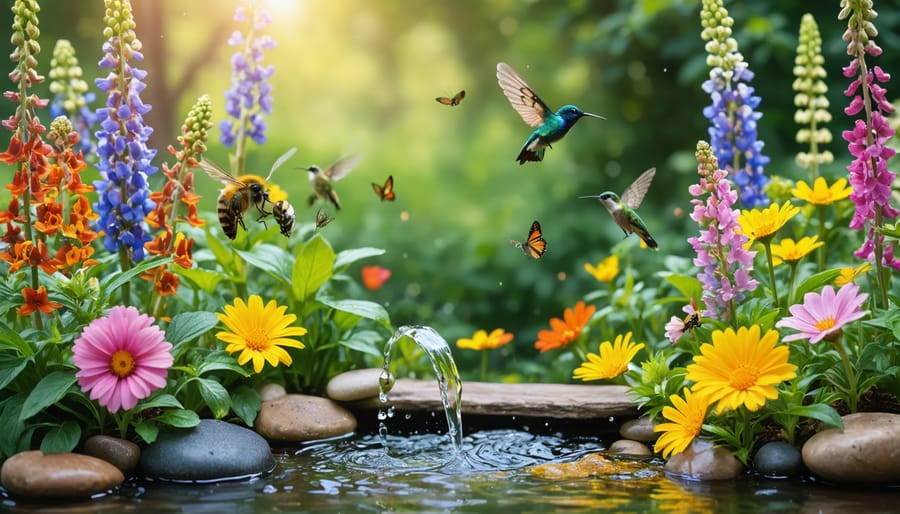 A lively garden scene featuring bees, butterflies, and a hummingbird amidst clusters of colorful native wildflowers. Includes a small water source and lush greenery, symbolizing a pollinator-friendly habitat.