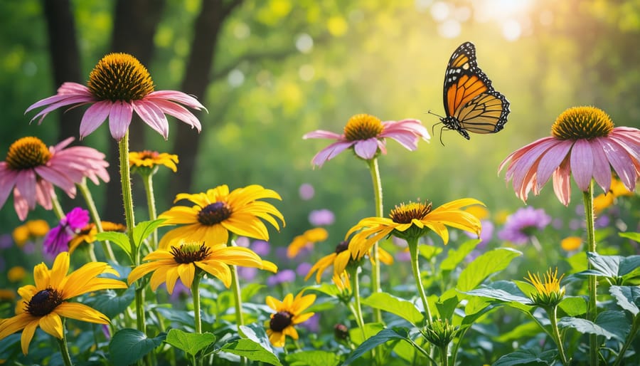 Purple coneflowers and black-eyed susans blooming in a sunny Minnesota garden with visiting butterflies