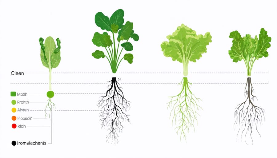 Cross-section illustration of shallow and deep-rooted vegetables growing together in the same soil