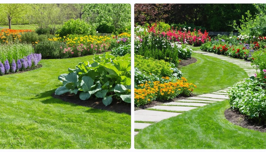 Side-by-side comparison of a perennial vegetable garden in spring planting and fall maintenance