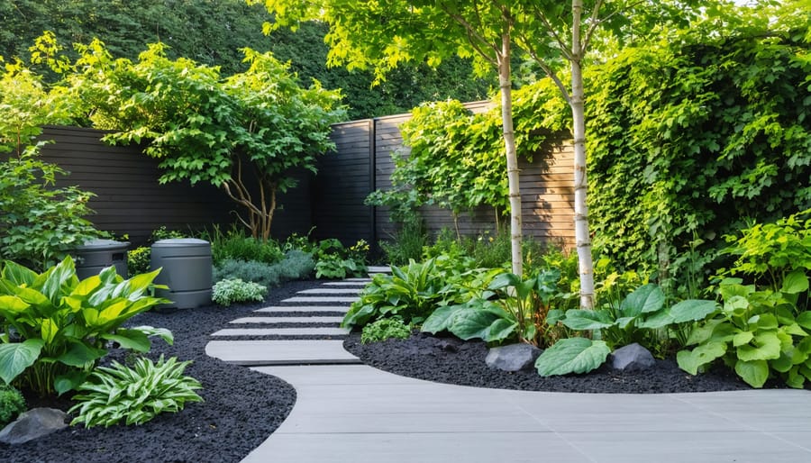 Illustration of a sustainable garden employing modern water management techniques, including drip irrigation, rainwater harvesting, and smart controllers for efficient irrigation.