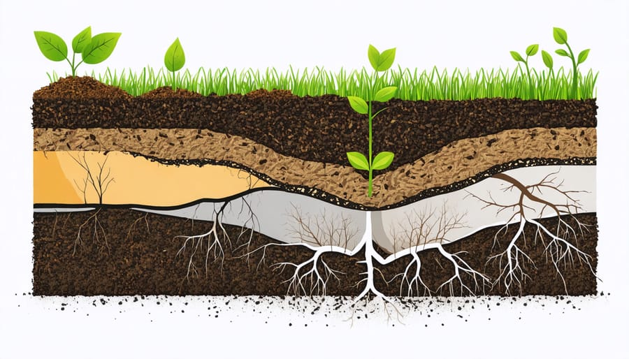 Illustrated cross-section of climate-resilient soil composition and structure