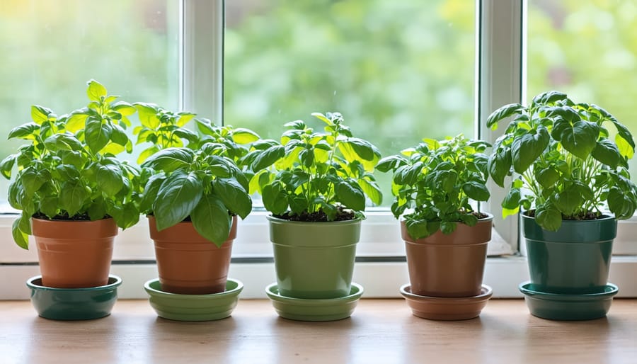 Various culinary herbs growing in different containers on a sunny indoor windowsill