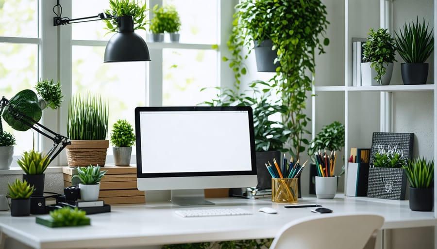 Well-designed home office space with indoor plants placed for maximum mental health benefits