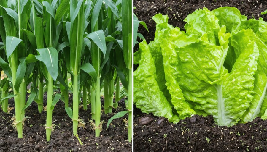 Tall corn stalks shading shorter lettuce plants in a garden bed, demonstrating vertical companion planting