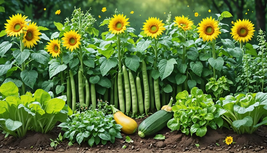 A richly colored garden scene depicting beans growing among sunflowers, corn, and squash. Sunflowers offer shade, corn provides structural support, while squash covers the ground. Herbs like basil and mint add aromatic benefits, illustrating a thriving companion planting system.
