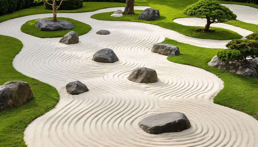 Traditional zen garden featuring curved sand patterns around carefully positioned stones