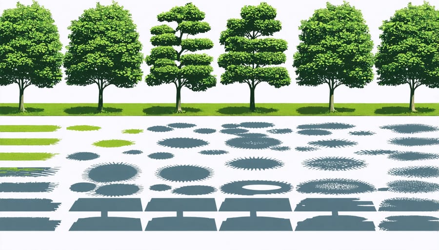 Illustrated diagram comparing full shade, partial shade, and dappled shade patterns in a garden