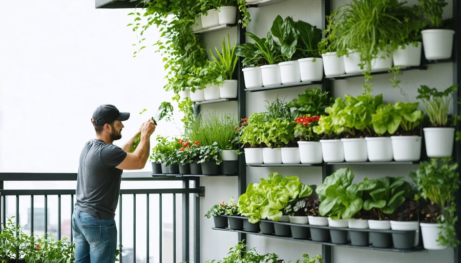 Urban gardener watering plants on a small apartment balcony filled with vertical gardens and potted vegetables