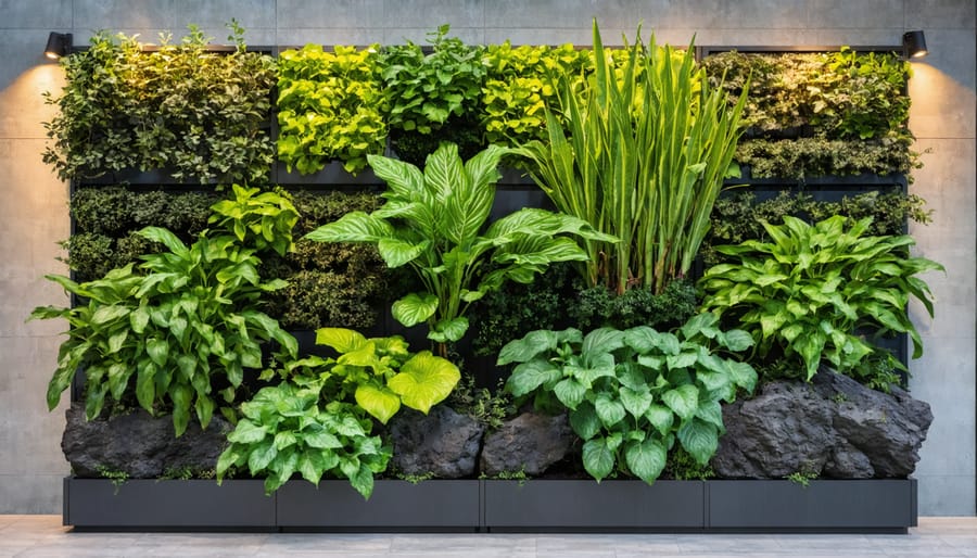 Innovative vertical garden system with herbs and vegetables growing on a small urban patio