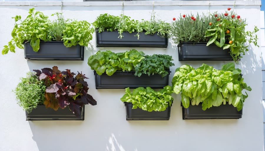 A lush vertical garden on an apartment balcony with modular pocket planters containing a variety of herbs and vegetables, including climbing tomato and bean plants reaching upwards toward the sun.