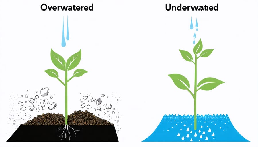 Comparative illustration of plant leaves showing signs of overwatering and underwatering