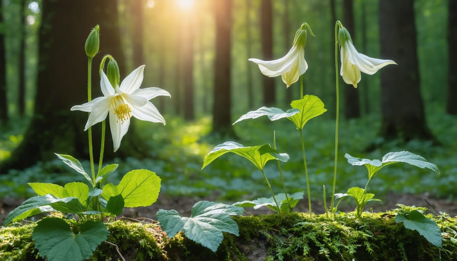 Native woodland plants wild columbine and jack-in-the-pulpit in their natural shaded habitat