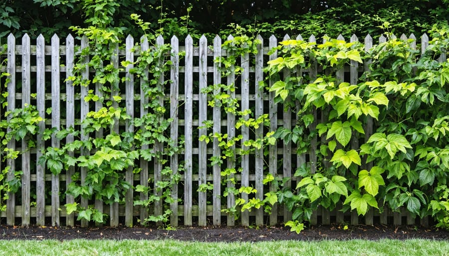 Decorative garden fence with climbing vines providing natural deer barrier