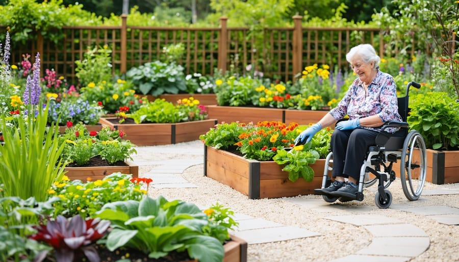 A senior gardener working in an age-friendly garden with waist-high raised beds, ergonomic tools, and smooth pathways creating a safe and accessible gardening environment.