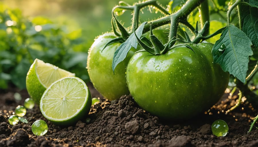 Gardener applying white garden lime powder to soil around tomato plants