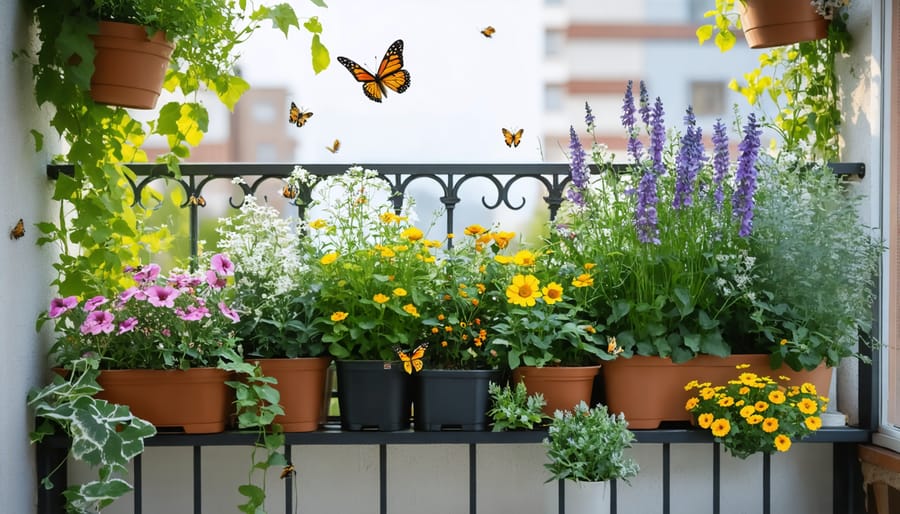Urban balcony garden with pollinator-friendly flowers and butterflies visiting the blooms