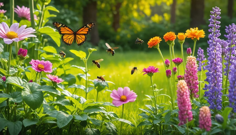 Colorful garden bed with multiple flowering plants attracting beneficial insects