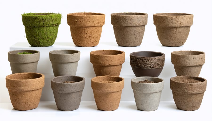 Various types of biodegradable growing pots showing different materials and textures