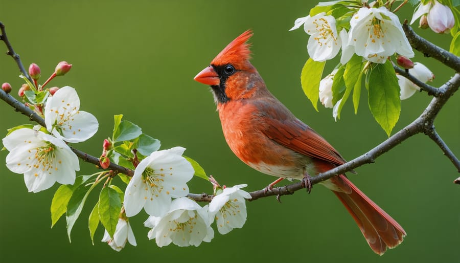 Red Cardinal bird perched on flowering dogwood branch in garden setting