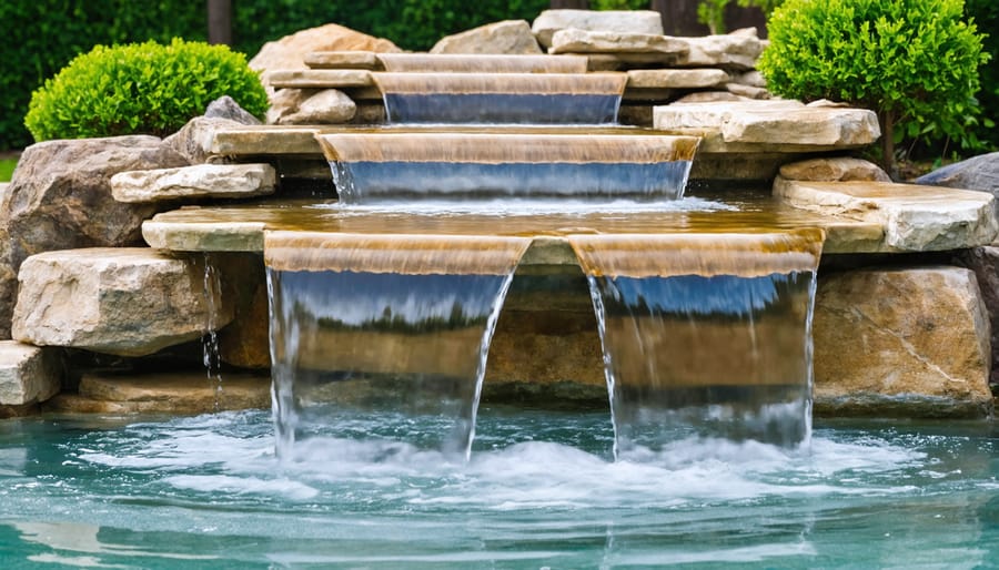 Garden water feature with multiple levels of flowing water surrounded by plants
