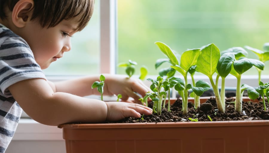 "Child's hands planting a seedling in a window box garden, with soft natural lighting and blurred garden background."