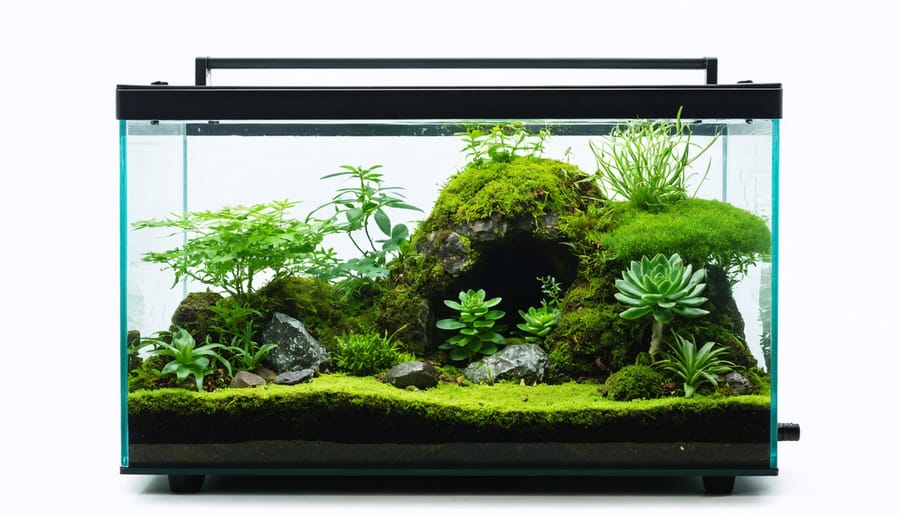 Layered terrarium displaying various small plants and moss in a sealed glass container