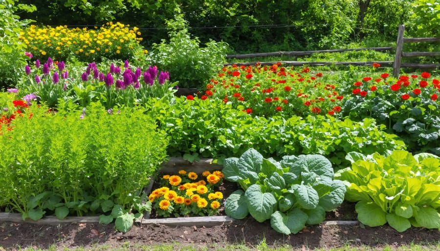Close-up of diverse companion planted garden bed with vegetables, herbs and flowers growing together