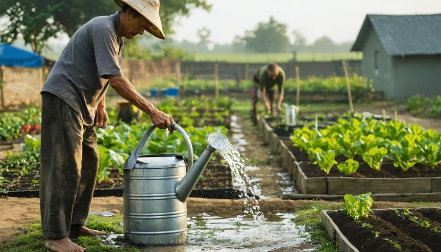 Gardener fills a metal watering can from a covered rain barrel next to vegetable beds, with a small ventilated latrine and handwashing station softly visible in the background and neighbors working nearby.
