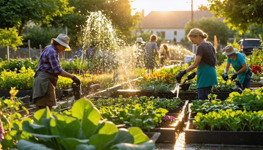 "Community members of various backgrounds working together in a garden, tending to plants and irrigation systems under golden sunlight, with a neighborhood visible in the background."