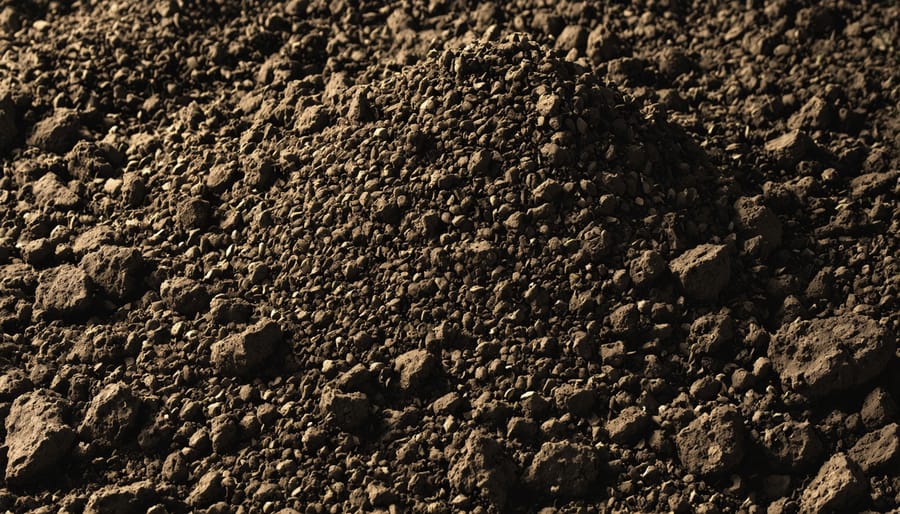 Overhead view of dark compost being mixed into lighter garden soil
