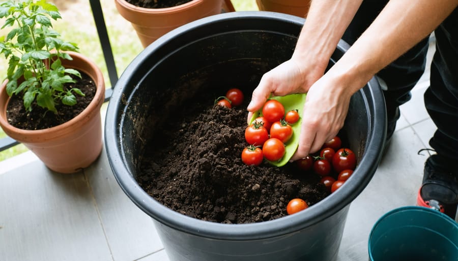 Gardener’s hands mix coconut coir, white perlite, and dark compost in a tub on a balcony, with blurred terracotta pots, healthy tomato plants, and a watering can in soft natural light.