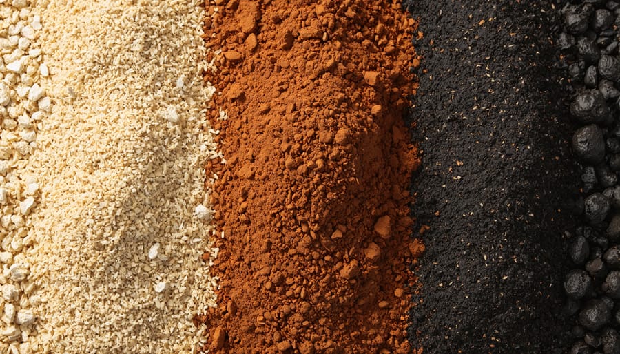 Overhead view of three bowls containing perlite, coco coir, and compost for container gardening