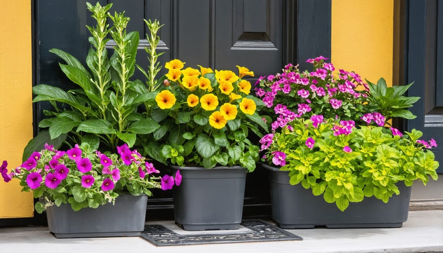 Flowering Calibrachoa and Verbena spilling over edges of container garden