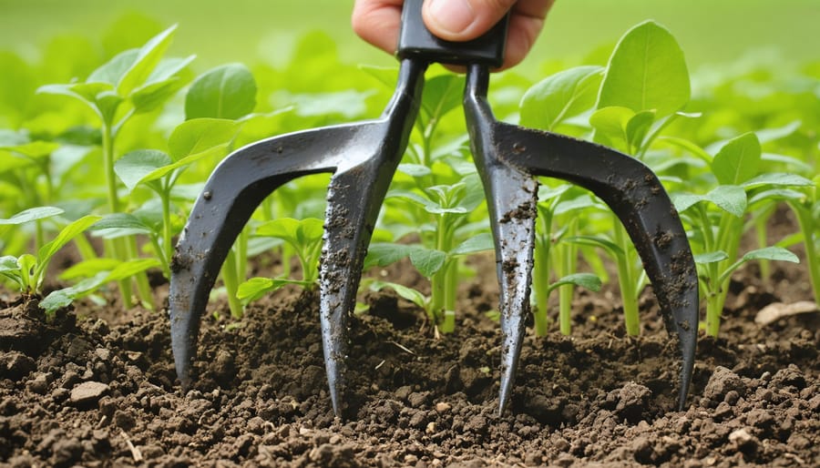 Labeled diagram showing the main components of a 3-prong garden cultivator