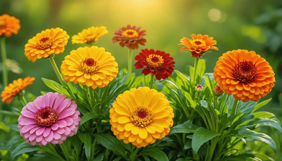 Hands deadheading spent blooms from a Zinnia plant