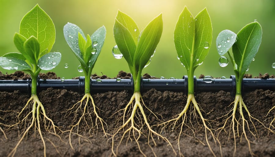 Drip irrigation system delivering water directly to plant base