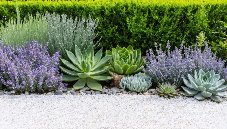 Diverse group of water-efficient plants showcasing different textures and colors
