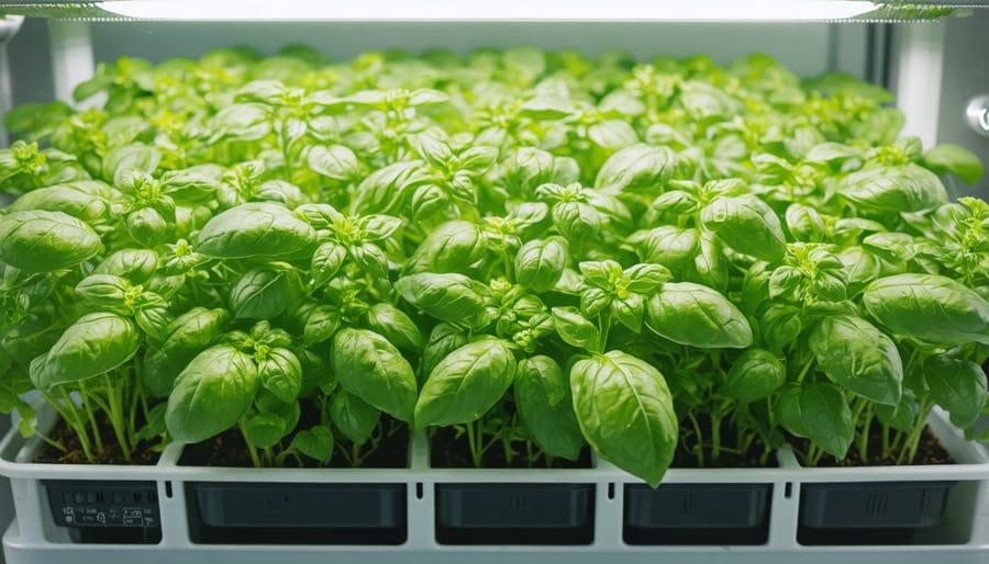 Close-up of basil plants with visible roots growing in clear water