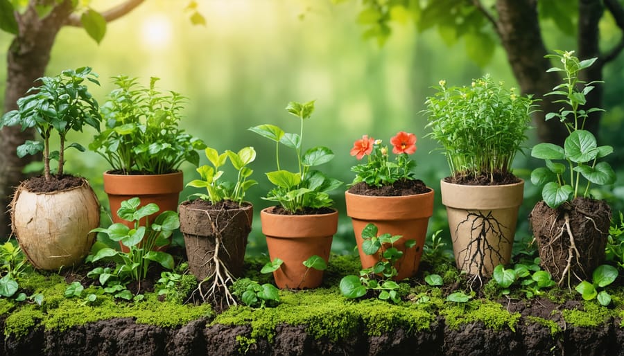 A vibrant garden featuring biodegradable pots made from coconut coir, peat moss, and recycled paper, with lush plants thriving and roots gently extending past the pot walls into the soil, embodying sustainability and eco-friendliness.