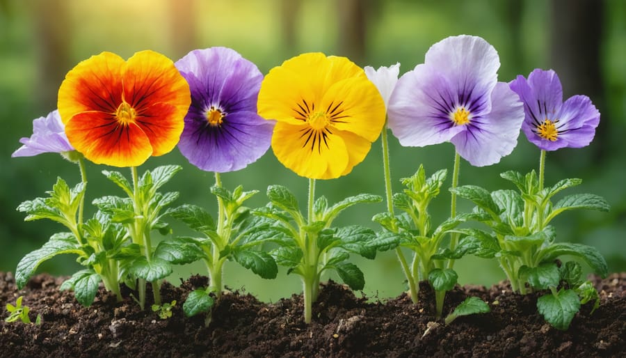 Various edible flowers including borage, nasturtiums, and cornflowers growing among herbs