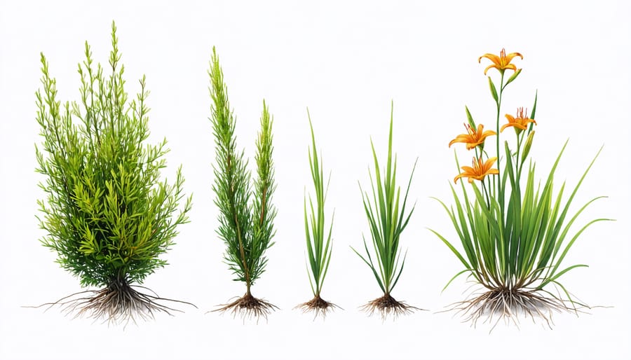 Display of different perennial plants with visible root structures used for erosion control