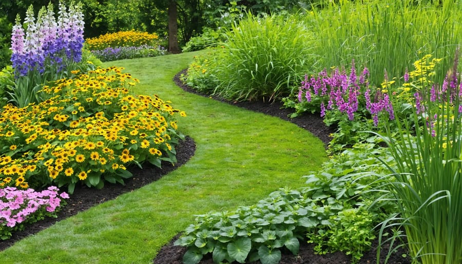 Image depicting a garden sloped with various perennials like Black-Eyed Susans, Switchgrass, and Creeping Phlox, showing their root systems anchoring the soil to prevent erosion and create a thriving ecosystem.