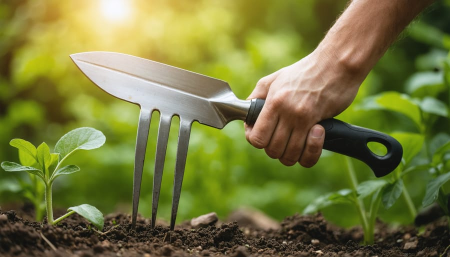 "Gardener's hand holding a stainless steel trowel and hand fork with a garden background."