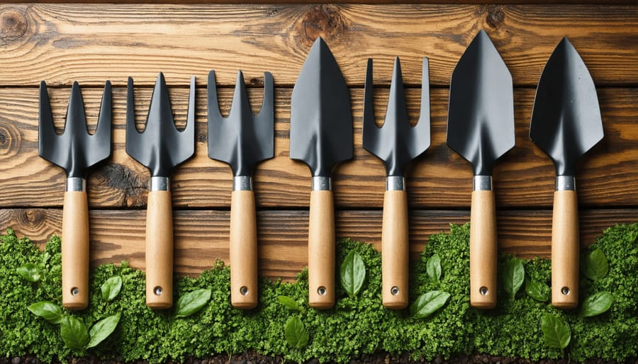 Collection of basic gardening hand tools including trowel, hand fork, and pruners on wooden surface